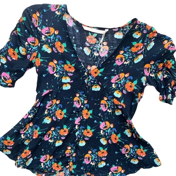 Zara Trafaluc Floral Ruched Sleeve Baby Doll Top Size Extra Small - Picture 15 of 15